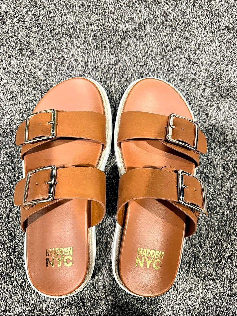 Madden NYC Double-Buckle Platform Slide Sandals Brown & White US 8.5 Like New